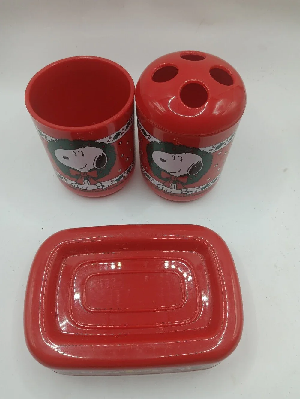Vtg Peanut Snoopy Christmas 3 Piece Bath Set
